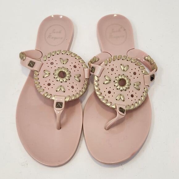 Jack Rogers Georgica Blush Pink Jelly Thong Sandals Size 6 Gold Leather Studs - Picture 2 of 6